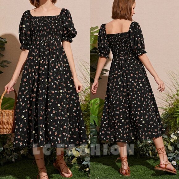 Girl Boho floral Dress, Teen Girls Ditsy Floral Print Shirred Puff Sleeve Dress